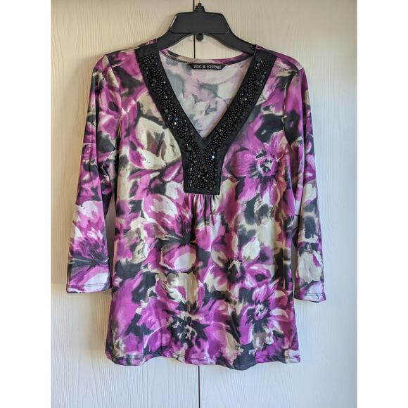Zac & Rachel Womens Beaded Long Sleeve V-neck Purple Floral Polyester Top Size S - Picture 1 of 5